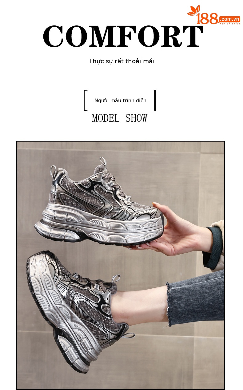 Giày sneaker nữ đế dày tăng chiều cao phối đá rhinestone — Màu đen chi tiết 11