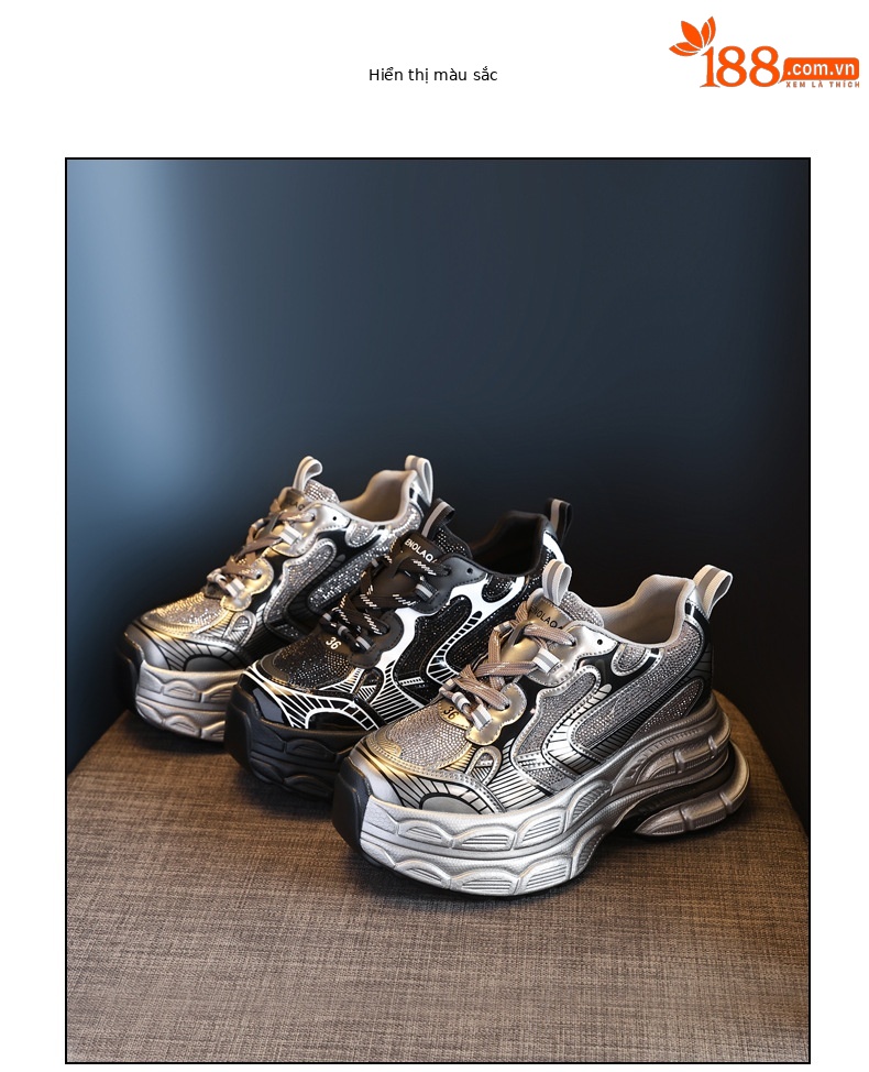 Giày sneaker nữ đế dày tăng chiều cao phối đá rhinestone — Màu đen chi tiết 18