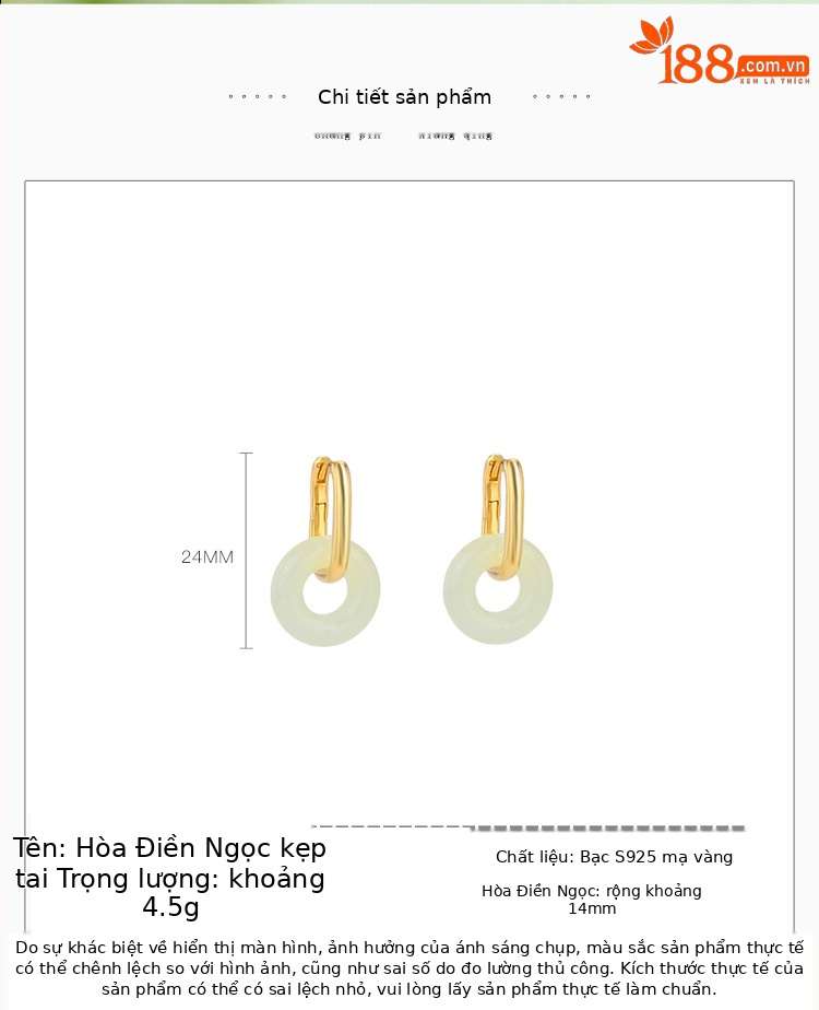 Bông tai kẹp tai bạc S925 mạ vàng đính ngọc bích phong cách cổ điển — Một cặp chi tiết 3