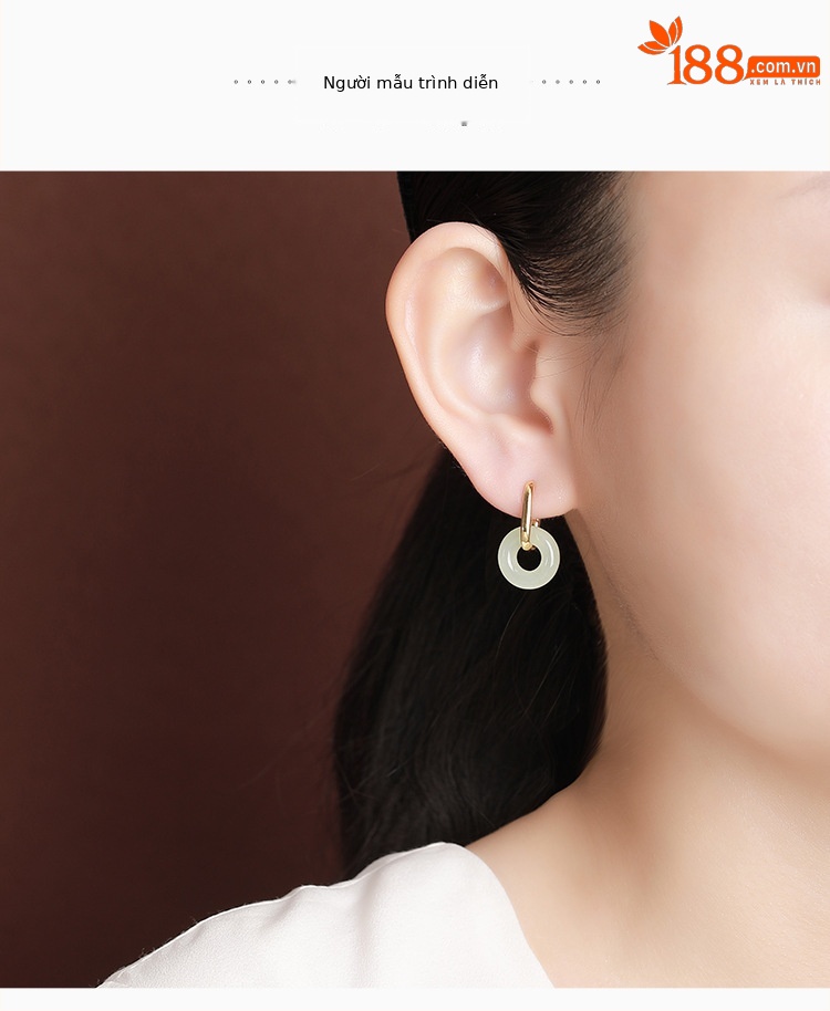 Bông tai kẹp tai bạc S925 mạ vàng đính ngọc bích phong cách cổ điển — Một cặp chi tiết 5