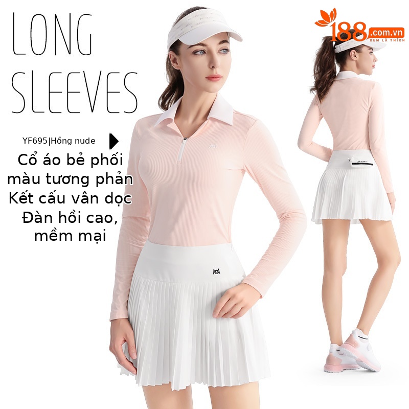 YF695 [họa tiết dọc/mềm mại đàn hồi cao/ve áo đôi tương phản] màu hồng nude POLO