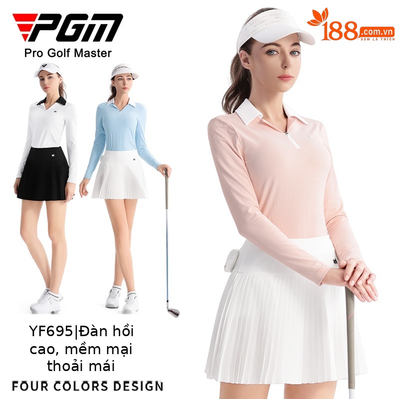 Áo polo golf nữ dài tay phối váy xếp ly thắt eo — QZ103 [Chân dài/túi thắt lưng miễn phí/thắt lưng co giãn] váy xếp ly màu đen, QZ103 [Chân dài/túi thắt lưng miễn phí/thắt lưng co giãn] váy xếp ly màu xanh nhạt, YF695 [kết cấu dọc/mềm mại đàn hồi cao/ve áo đôi tương phản] POLO trắng, QZ103 [Chân dài/túi thắt lưng miễn phí/thắt lưng co giãn] váy xếp ly màu trắng