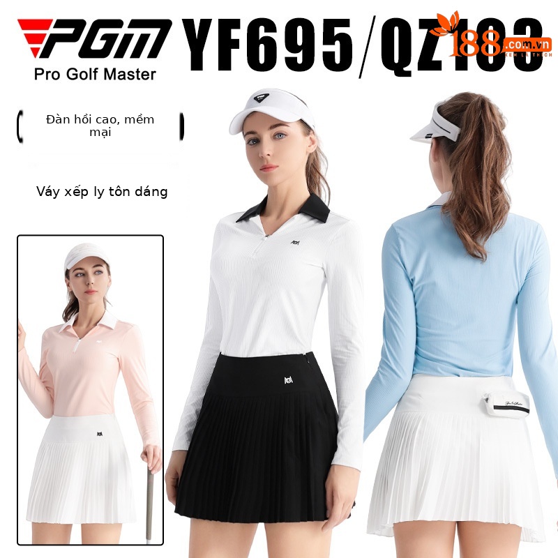 Áo polo golf nữ dài tay phối váy xếp ly thắt eo — QZ103 [Chân dài/túi thắt lưng miễn phí/thắt lưng co giãn] váy xếp ly màu đen, QZ103 [Chân dài/túi thắt lưng miễn phí/thắt lưng co giãn] váy xếp ly màu xanh nhạt, YF695 [kết cấu dọc/mềm mại đàn hồi cao/ve áo đôi tương phản] POLO trắng, QZ103 [Chân dài/túi thắt lưng miễn phí/thắt lưng co giãn] váy xếp ly màu trắng