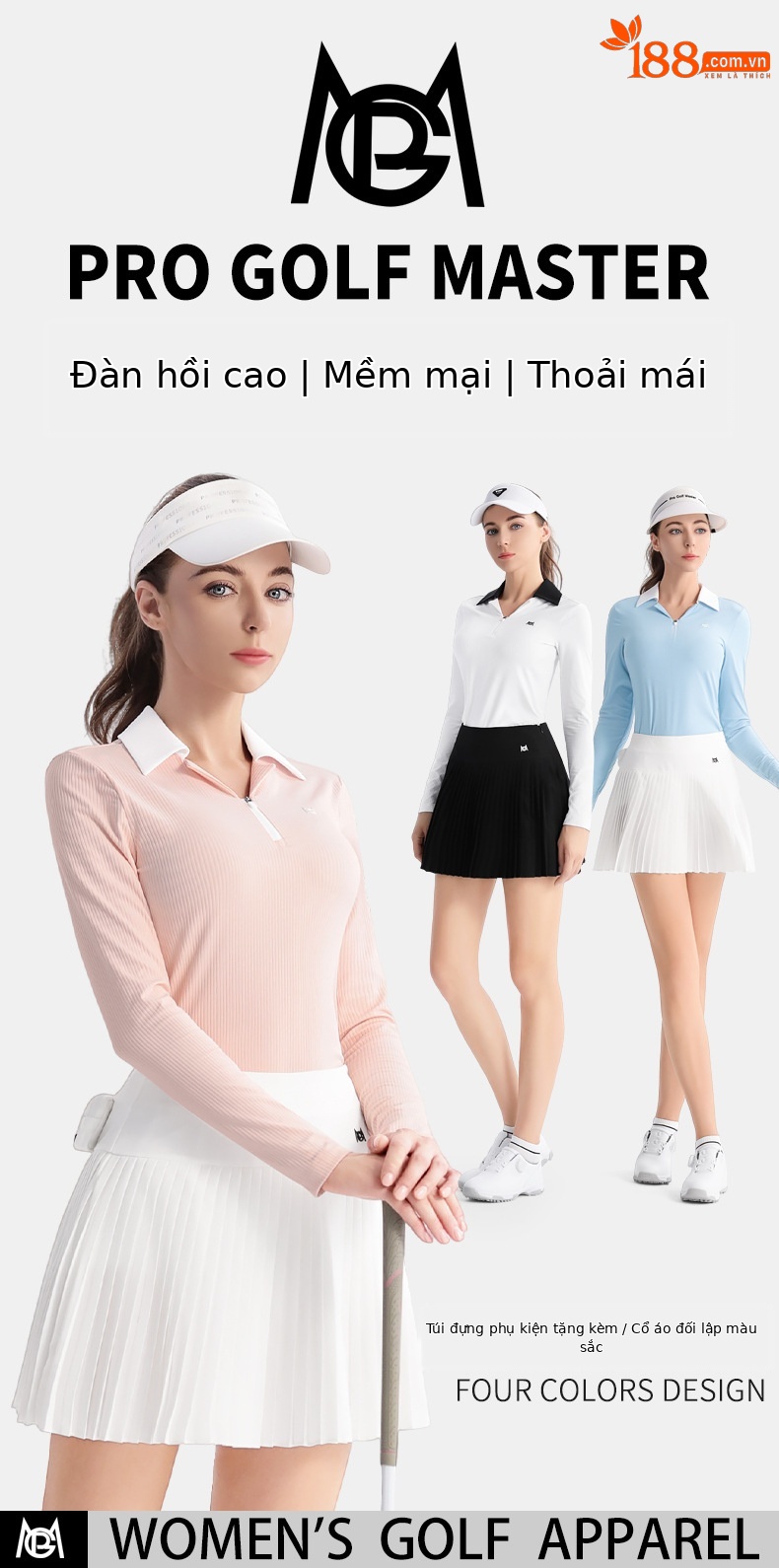 Áo polo golf nữ dài tay phối váy xếp ly thắt eo — QZ103 [Chân dài/túi thắt lưng miễn phí/thắt lưng co giãn] váy xếp ly màu đen, QZ103 [Chân dài/túi thắt lưng miễn phí/thắt lưng co giãn] váy xếp ly màu xanh nhạt, YF695 [kết cấu dọc/mềm mại đàn hồi cao/ve áo đôi tương phản] POLO trắng, QZ103 [Chân dài/túi thắt lưng miễn phí/thắt lưng co giãn] váy xếp ly màu trắng chi tiết 2