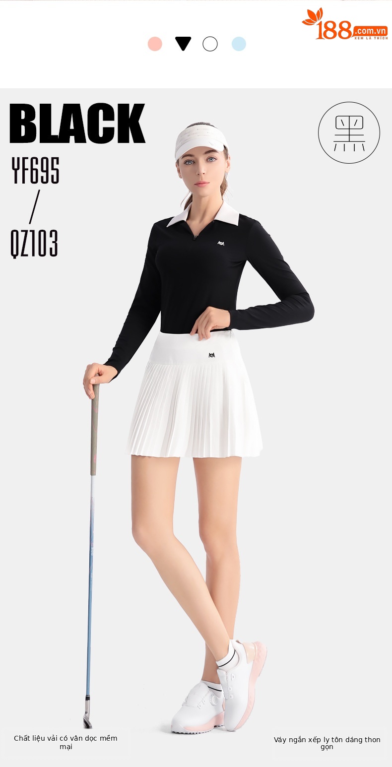 Áo polo golf nữ dài tay phối váy xếp ly thắt eo — QZ103 [Chân dài/túi thắt lưng miễn phí/thắt lưng co giãn] váy xếp ly màu đen, QZ103 [Chân dài/túi thắt lưng miễn phí/thắt lưng co giãn] váy xếp ly màu xanh nhạt, YF695 [kết cấu dọc/mềm mại đàn hồi cao/ve áo đôi tương phản] POLO trắng, QZ103 [Chân dài/túi thắt lưng miễn phí/thắt lưng co giãn] váy xếp ly màu trắng chi tiết 6
