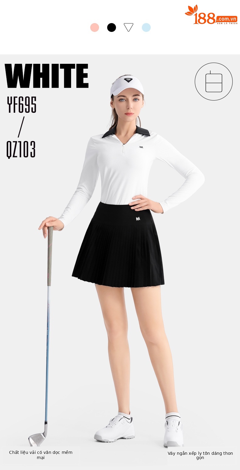 Áo polo golf nữ dài tay phối váy xếp ly thắt eo — QZ103 [Chân dài/túi thắt lưng miễn phí/thắt lưng co giãn] váy xếp ly màu đen, QZ103 [Chân dài/túi thắt lưng miễn phí/thắt lưng co giãn] váy xếp ly màu xanh nhạt, YF695 [kết cấu dọc/mềm mại đàn hồi cao/ve áo đôi tương phản] POLO trắng, QZ103 [Chân dài/túi thắt lưng miễn phí/thắt lưng co giãn] váy xếp ly màu trắng chi tiết 9