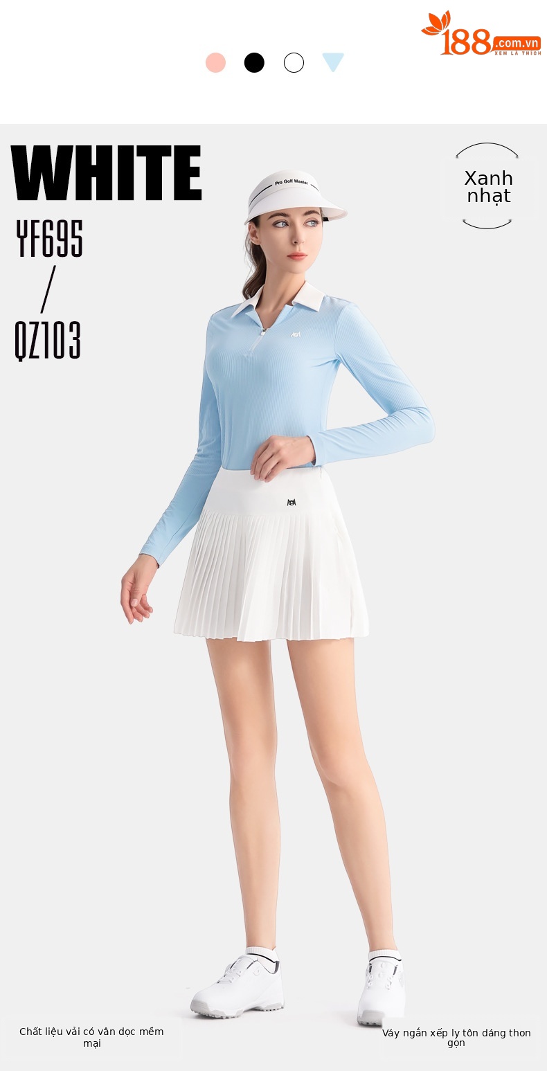 Áo polo golf nữ dài tay phối váy xếp ly thắt eo — QZ103 [Chân dài/túi thắt lưng miễn phí/thắt lưng co giãn] váy xếp ly màu đen, QZ103 [Chân dài/túi thắt lưng miễn phí/thắt lưng co giãn] váy xếp ly màu xanh nhạt, YF695 [kết cấu dọc/mềm mại đàn hồi cao/ve áo đôi tương phản] POLO trắng, QZ103 [Chân dài/túi thắt lưng miễn phí/thắt lưng co giãn] váy xếp ly màu trắng chi tiết 12