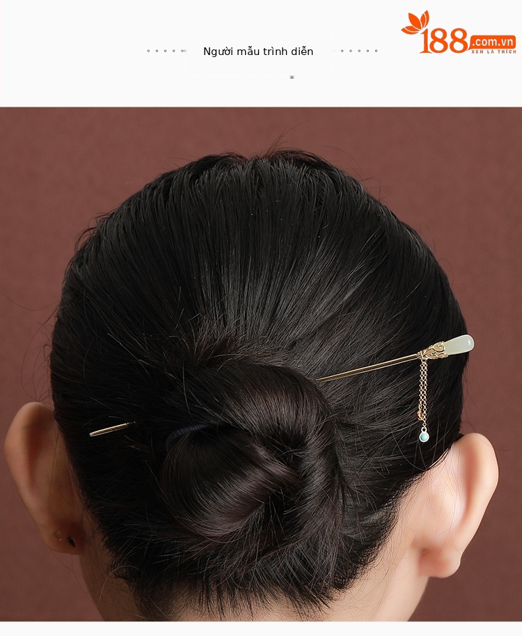 Kẹp tóc bạc S925 mạ vàng đính ngọc nam đỏ, ngọc lam, hình Ruyi tua rua phong cách Trung Quốc — Một chiếc chi tiết 5
