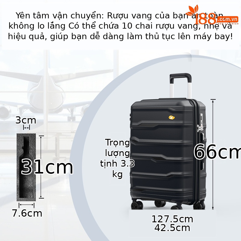 Vali đựng rượu vang đỏ vân ngang 6 chai 20 inch xách tay công sở — Màu đen