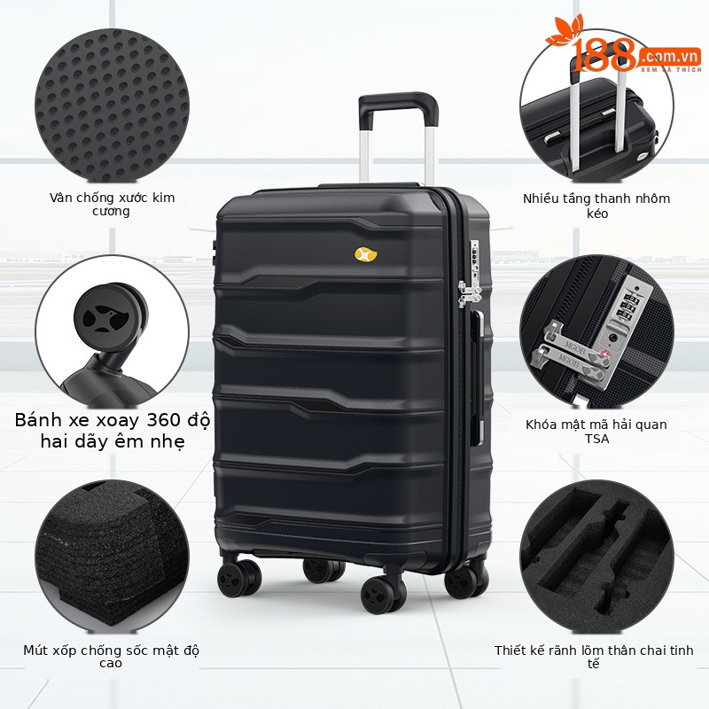 Vali đựng rượu vang đỏ vân ngang 6 chai 20 inch xách tay công sở — Màu đen