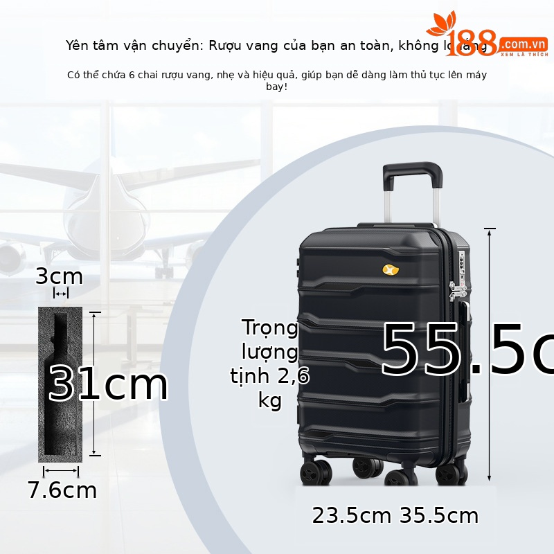 Vali đựng rượu vang đỏ vân ngang 6 chai 20 inch xách tay công sở — Màu đen