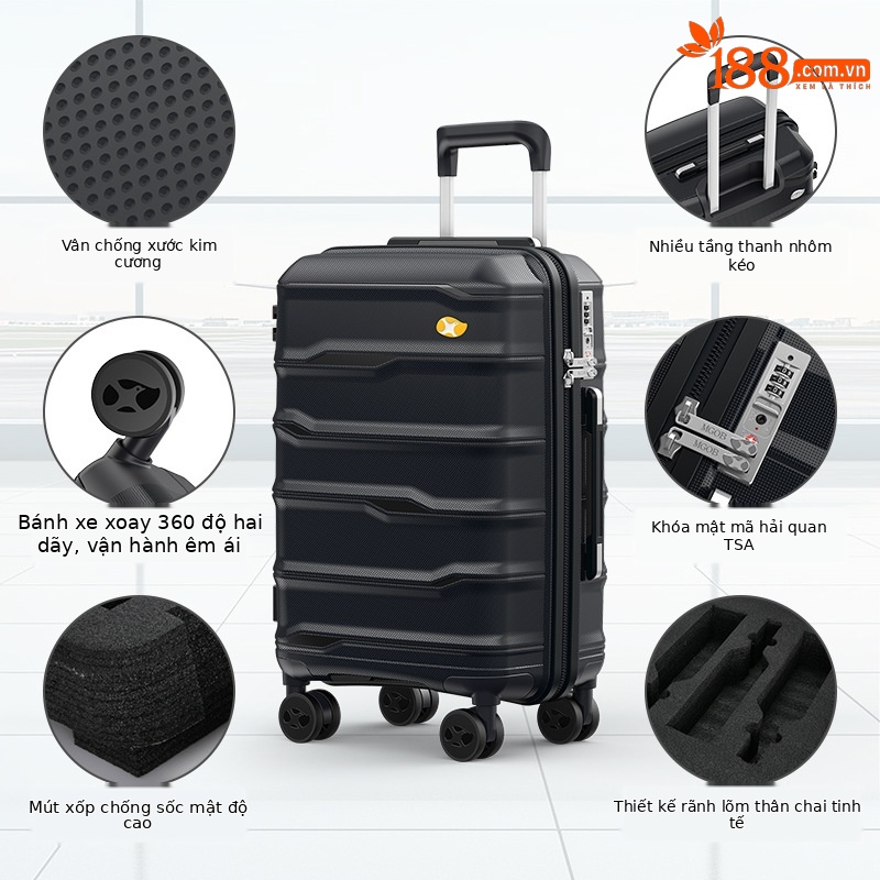 Vali đựng rượu vang đỏ vân ngang 6 chai 20 inch xách tay công sở — Màu đen