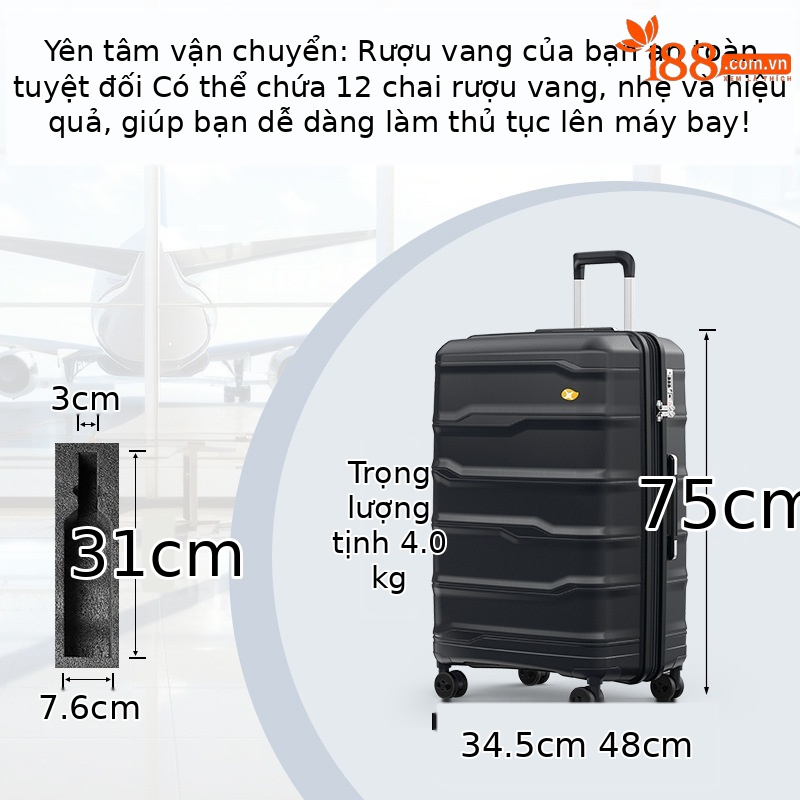 Vali đựng rượu vang PP 28 inch chống rơi, cao cấp, mã số — Màu đen