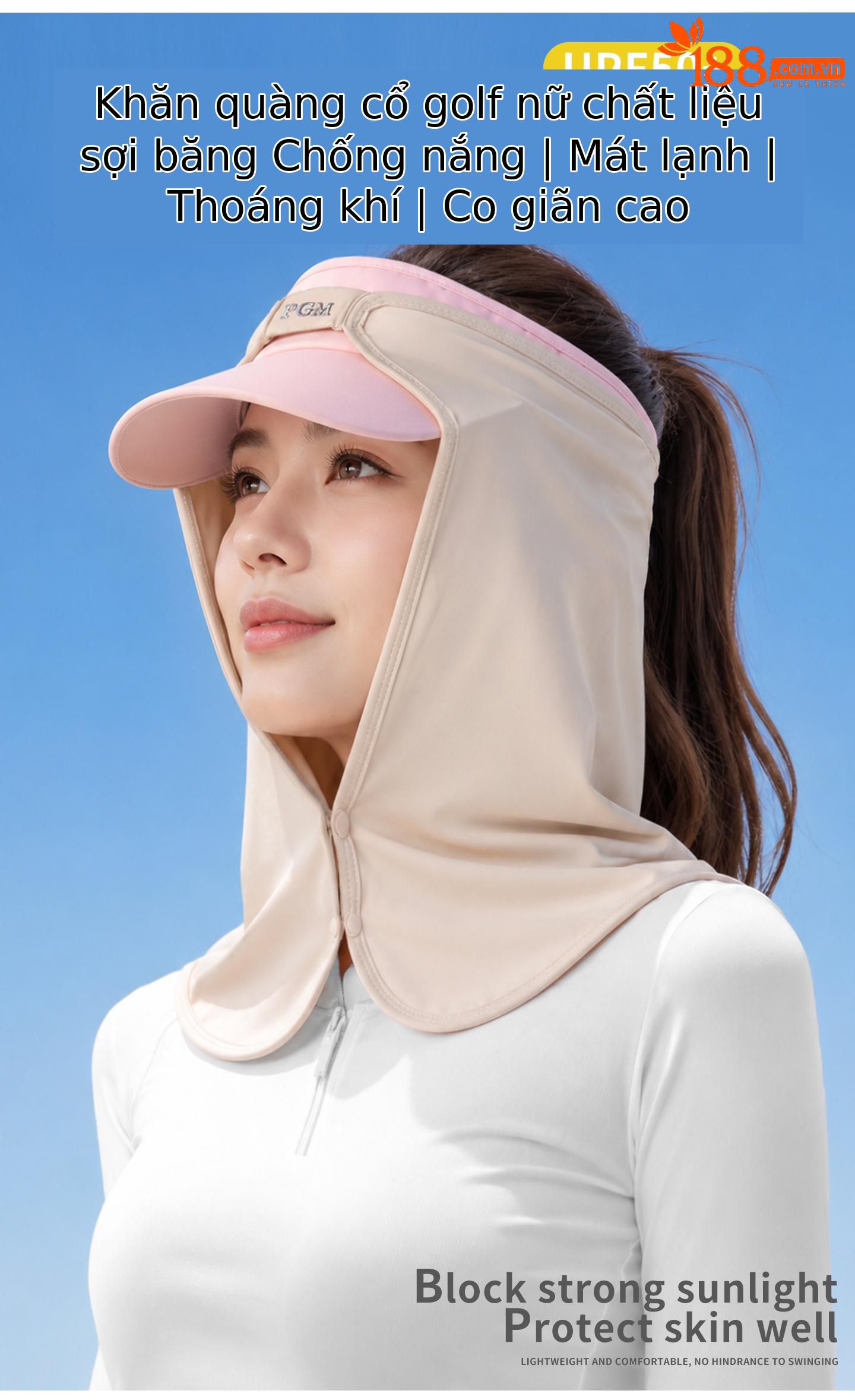Khăn trùm mặt chống nắng golf PGM vải lụa thoáng khí cho nữ — WB004-Yếm xanh nhạt, WB004-khăn quàng cổ màu da, WB004-Yếm màu hồng, WB004-Yếm trắng chi tiết 2