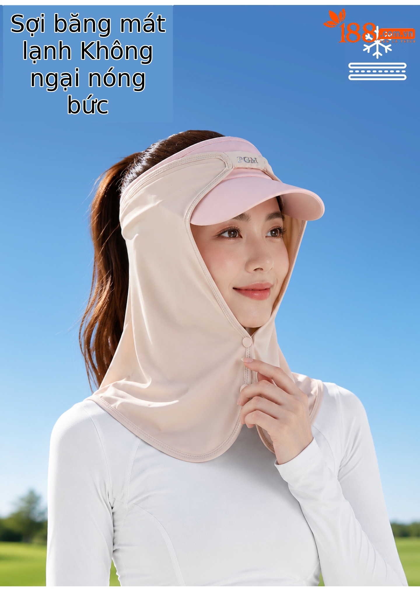 Khăn trùm mặt chống nắng golf PGM vải lụa thoáng khí cho nữ — WB004-Yếm xanh nhạt, WB004-khăn quàng cổ màu da, WB004-Yếm màu hồng, WB004-Yếm trắng chi tiết 6