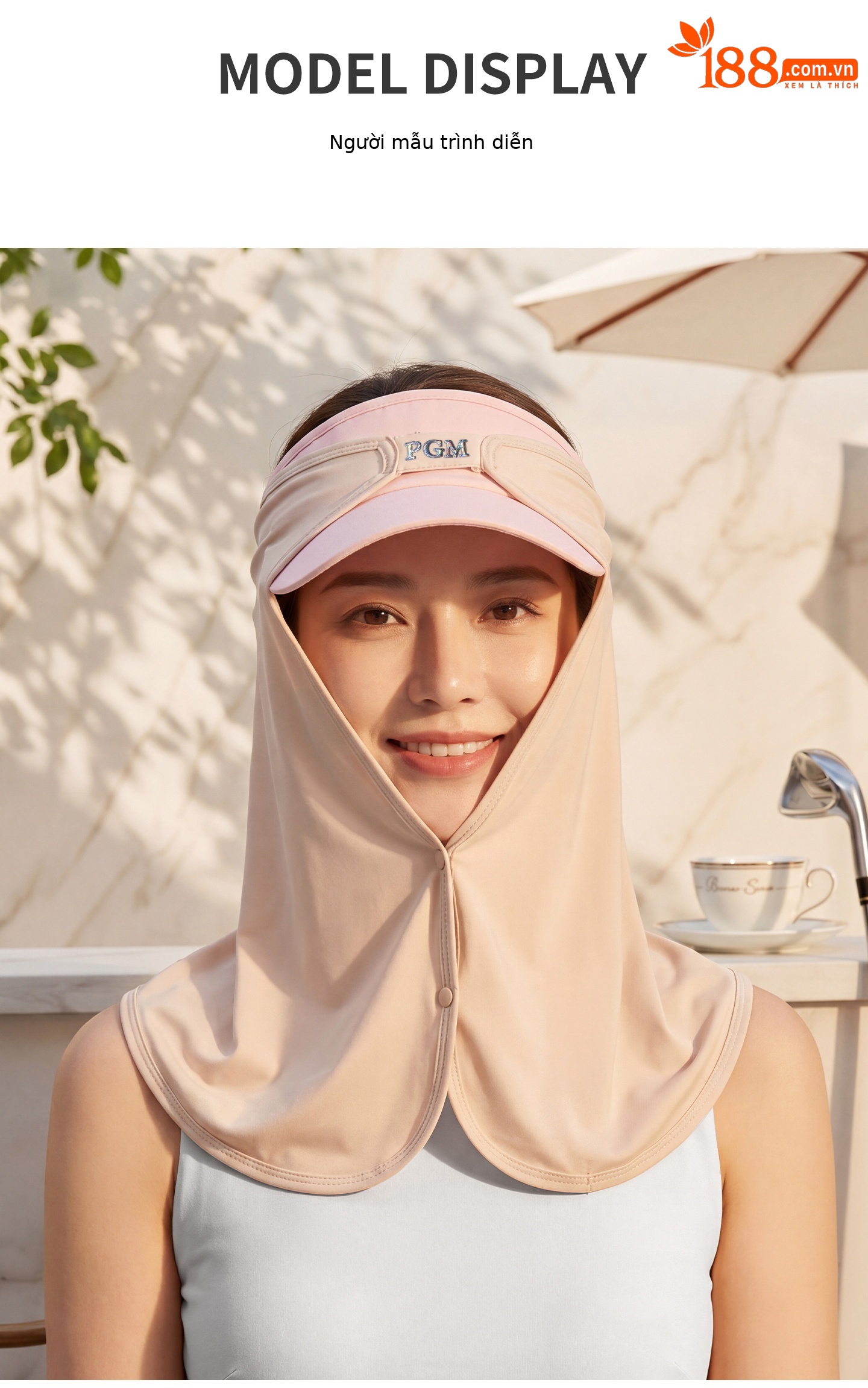 Khăn trùm mặt chống nắng golf PGM vải lụa thoáng khí cho nữ — WB004-Yếm xanh nhạt, WB004-khăn quàng cổ màu da, WB004-Yếm màu hồng, WB004-Yếm trắng chi tiết 9