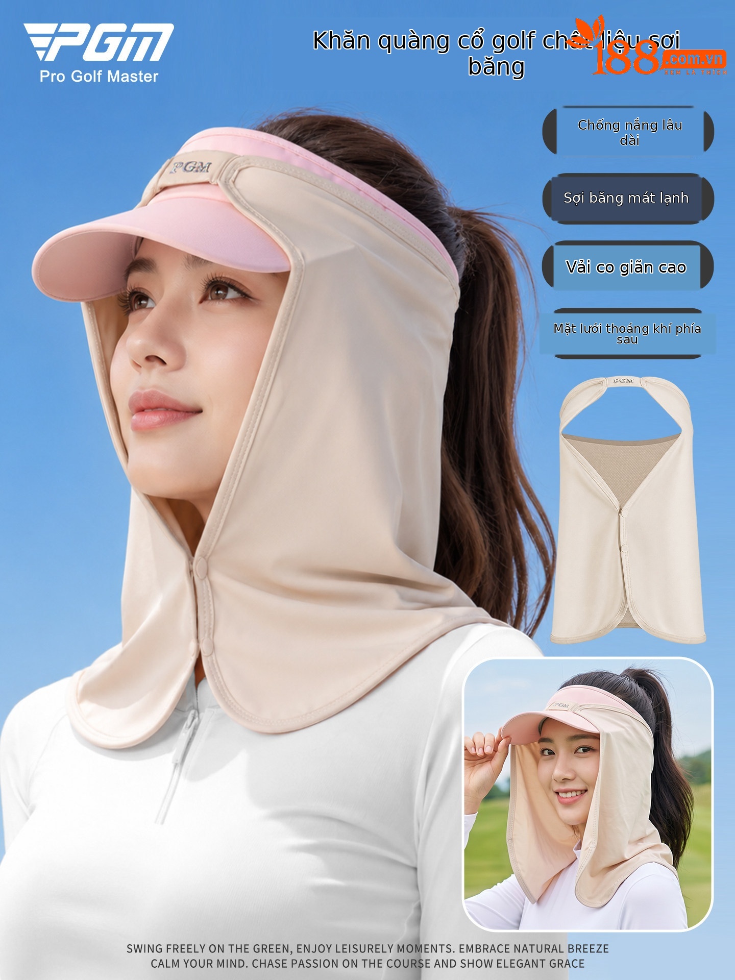 Khăn trùm mặt chống nắng golf PGM vải lụa thoáng khí cho nữ — WB004-Yếm xanh nhạt, WB004-khăn quàng cổ màu da, WB004-Yếm màu hồng, WB004-Yếm trắng