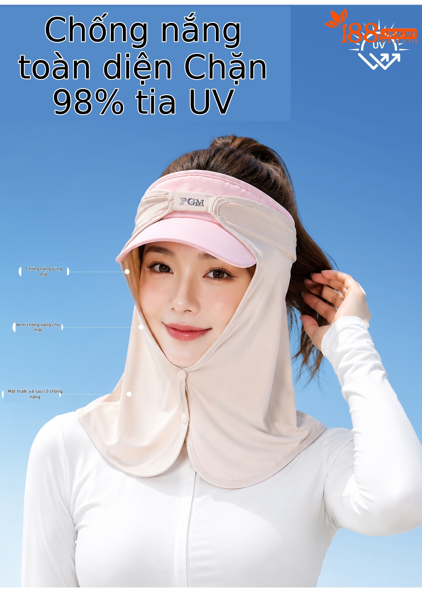 Khăn trùm mặt chống nắng golf PGM vải lụa thoáng khí cho nữ — WB004-Yếm xanh nhạt, WB004-khăn quàng cổ màu da, WB004-Yếm màu hồng, WB004-Yếm trắng chi tiết 5