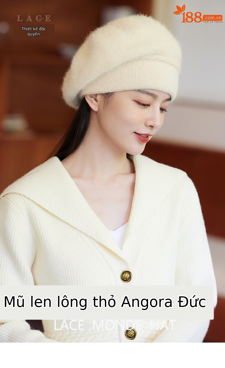 Mũ len beanie nữ phối lông thỏ giữ ấm tai, phong cách Hàn Quốc màu trơn retro — nam châm chi tiết 1