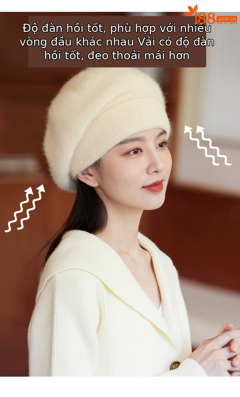 Mũ len beanie nữ phối lông thỏ giữ ấm tai, phong cách Hàn Quốc màu trơn retro — nam châm chi tiết 3