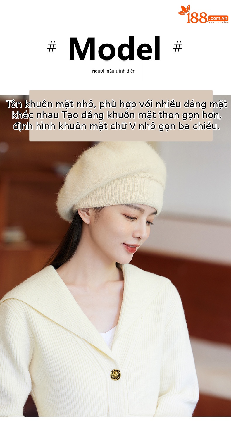 Mũ len beanie nữ phối lông thỏ giữ ấm tai, phong cách Hàn Quốc màu trơn retro — nam châm chi tiết 7