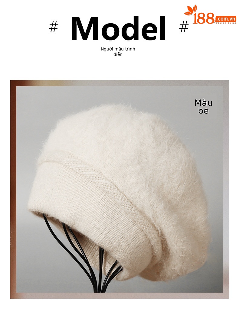 Mũ len beanie nữ phối lông thỏ giữ ấm tai, phong cách Hàn Quốc màu trơn retro — nam châm chi tiết 9