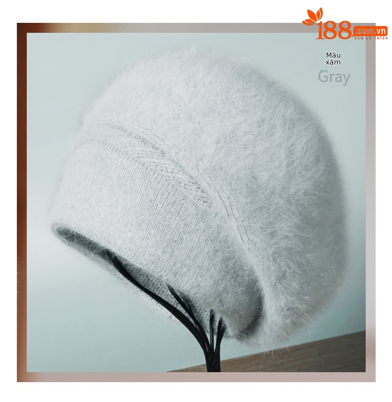 Mũ len beanie nữ phối lông thỏ giữ ấm tai, phong cách Hàn Quốc màu trơn retro — nam châm chi tiết 10
