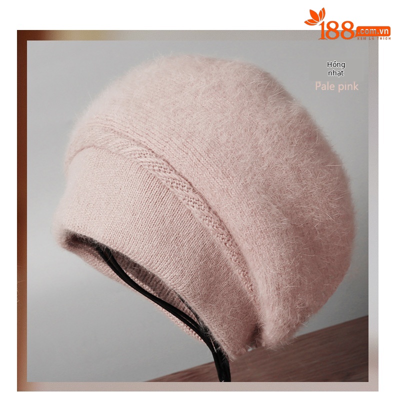 Mũ len beanie nữ phối lông thỏ giữ ấm tai, phong cách Hàn Quốc màu trơn retro — nam châm chi tiết 11