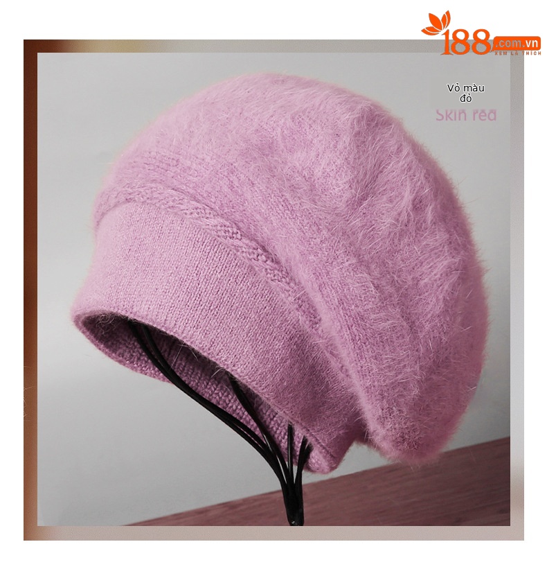 Mũ len beanie nữ phối lông thỏ giữ ấm tai, phong cách Hàn Quốc màu trơn retro — nam châm chi tiết 12