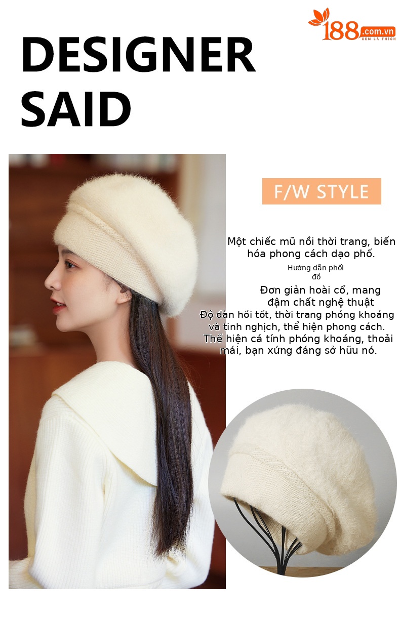 Mũ len beanie nữ phối lông thỏ giữ ấm tai, phong cách Hàn Quốc màu trơn retro — nam châm chi tiết 4