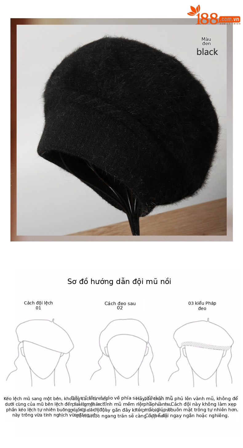 Mũ len beanie nữ phối lông thỏ giữ ấm tai, phong cách Hàn Quốc màu trơn retro — nam châm chi tiết 13