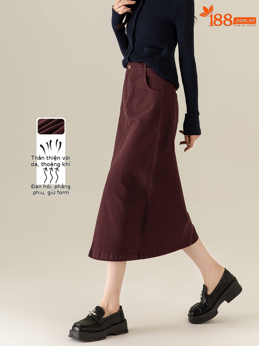 Váy denim đỏ nữ dài trung bình, cạp cao, xẻ tà, dáng thẳng — Màu đỏ Angora