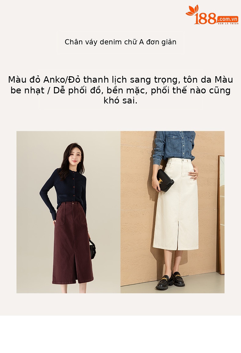 Váy denim đỏ nữ dài trung bình, cạp cao, xẻ tà, dáng thẳng — Màu đỏ Angora chi tiết 4