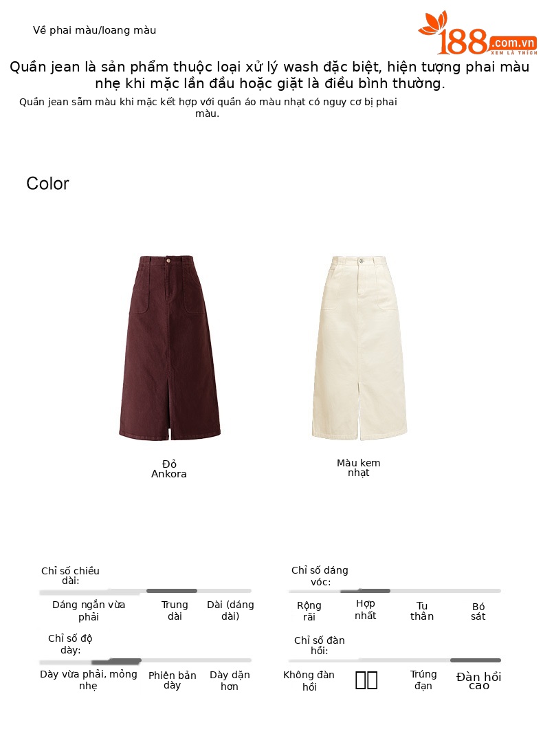 Váy denim đỏ nữ dài trung bình, cạp cao, xẻ tà, dáng thẳng — Màu đỏ Angora chi tiết 5