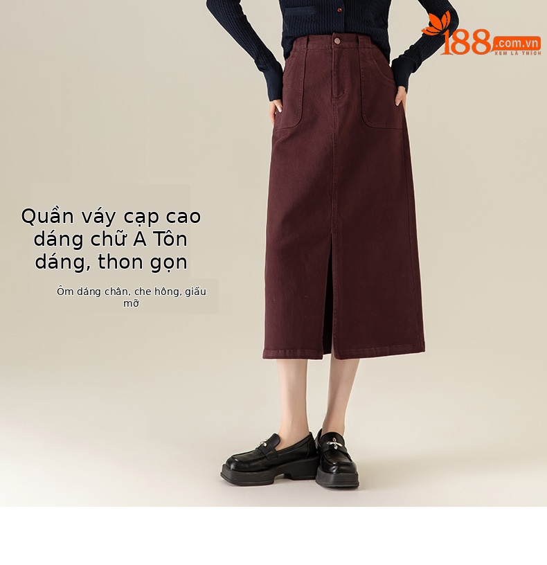 Váy denim đỏ nữ dài trung bình, cạp cao, xẻ tà, dáng thẳng — Màu đỏ Angora chi tiết 8