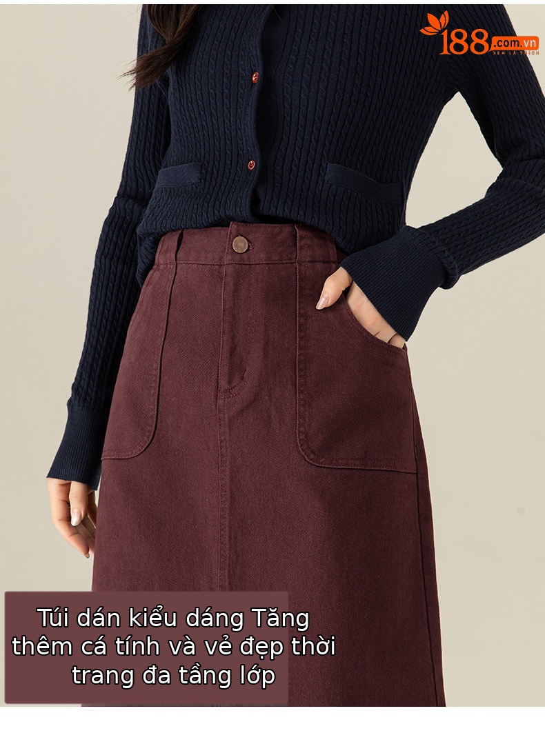 Váy denim đỏ nữ dài trung bình, cạp cao, xẻ tà, dáng thẳng — Màu đỏ Angora chi tiết 9