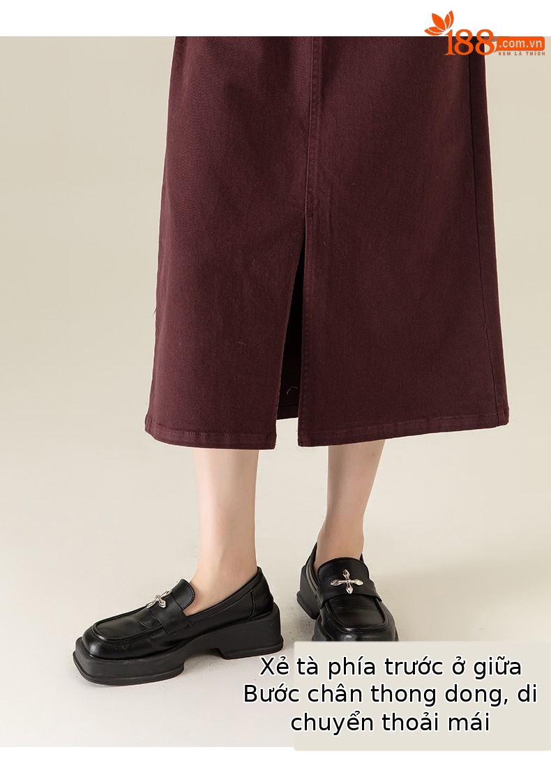 Váy denim đỏ nữ dài trung bình, cạp cao, xẻ tà, dáng thẳng — Màu đỏ Angora chi tiết 10