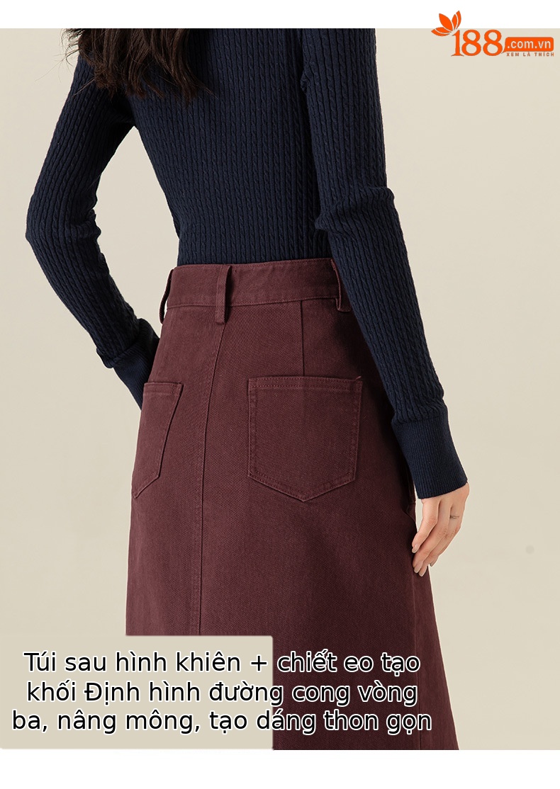 Váy denim đỏ nữ dài trung bình, cạp cao, xẻ tà, dáng thẳng — Màu đỏ Angora chi tiết 11