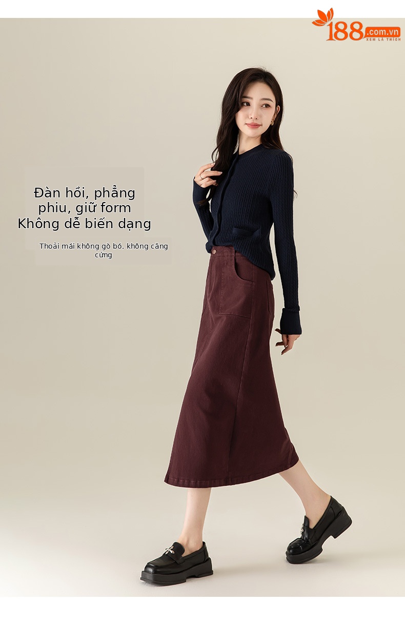 Váy denim đỏ nữ dài trung bình, cạp cao, xẻ tà, dáng thẳng — Màu đỏ Angora chi tiết 12