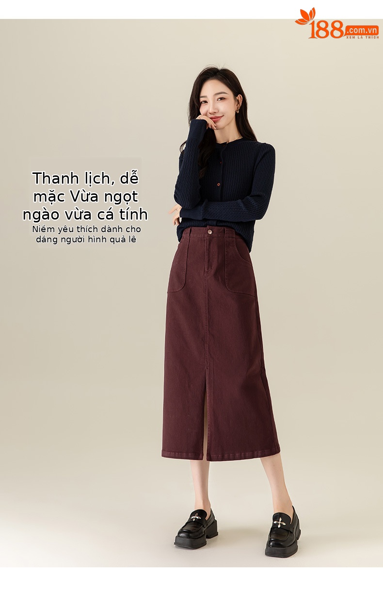 Váy denim đỏ nữ dài trung bình, cạp cao, xẻ tà, dáng thẳng — Màu đỏ Angora chi tiết 13