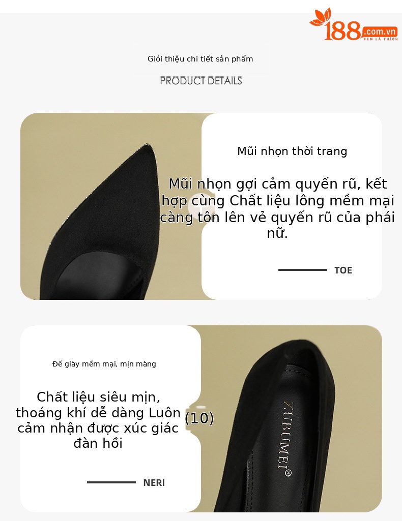 Giày cao gót đế xuồng đính đá mũi nhọn gót nhọn kiểu Pháp — Màu đen chi tiết 2