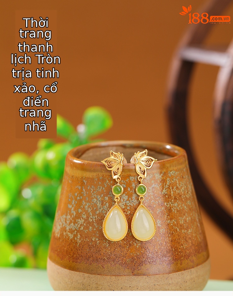 Khuyên tai nữ bạc S925 mạ vàng phong cách Trung Hoa cổ điển hình bướm hoa lụa rỗng giọt nước — Một cặp chi tiết 2