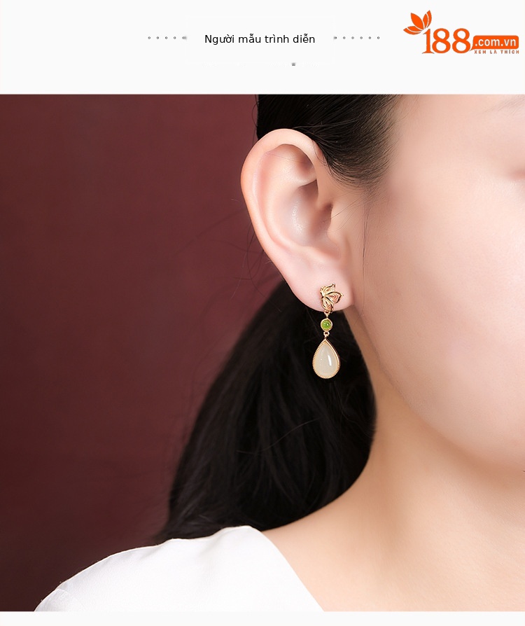 Khuyên tai nữ bạc S925 mạ vàng phong cách Trung Hoa cổ điển hình bướm hoa lụa rỗng giọt nước — Một cặp chi tiết 5