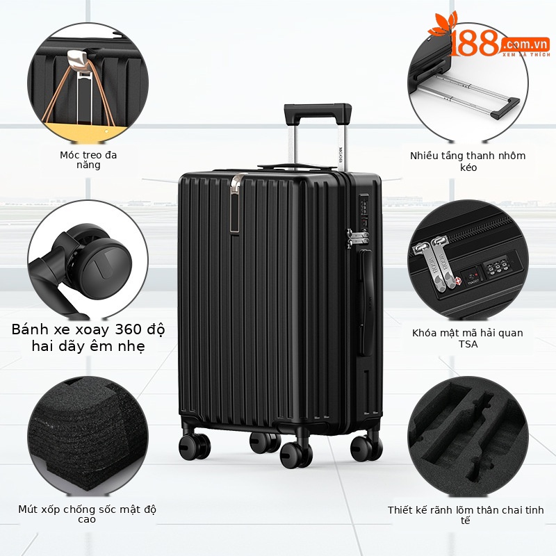 Vali rượu vang 20 inch chuyên dụng, chống sốc, có khóa số, xách tay lên máy bay — Màu đen