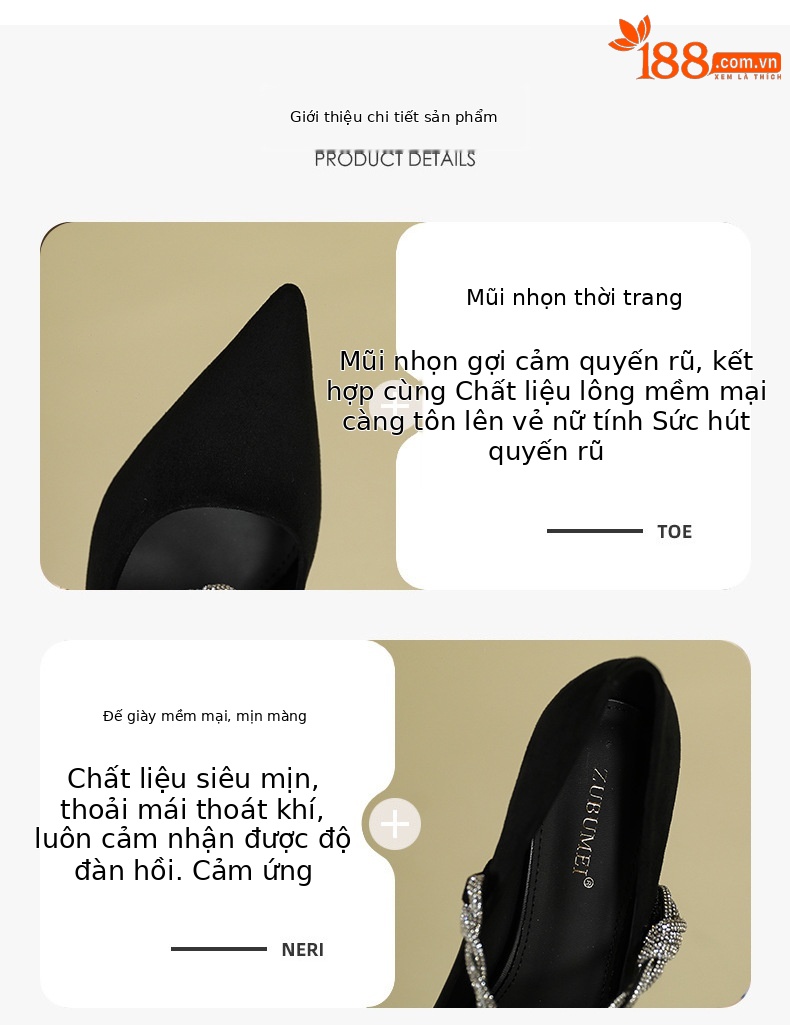 Giày cao gót nữ mũi nhọn da lộn đính đá – phù dâu dự tiệc — Đỏ rượu chi tiết 2