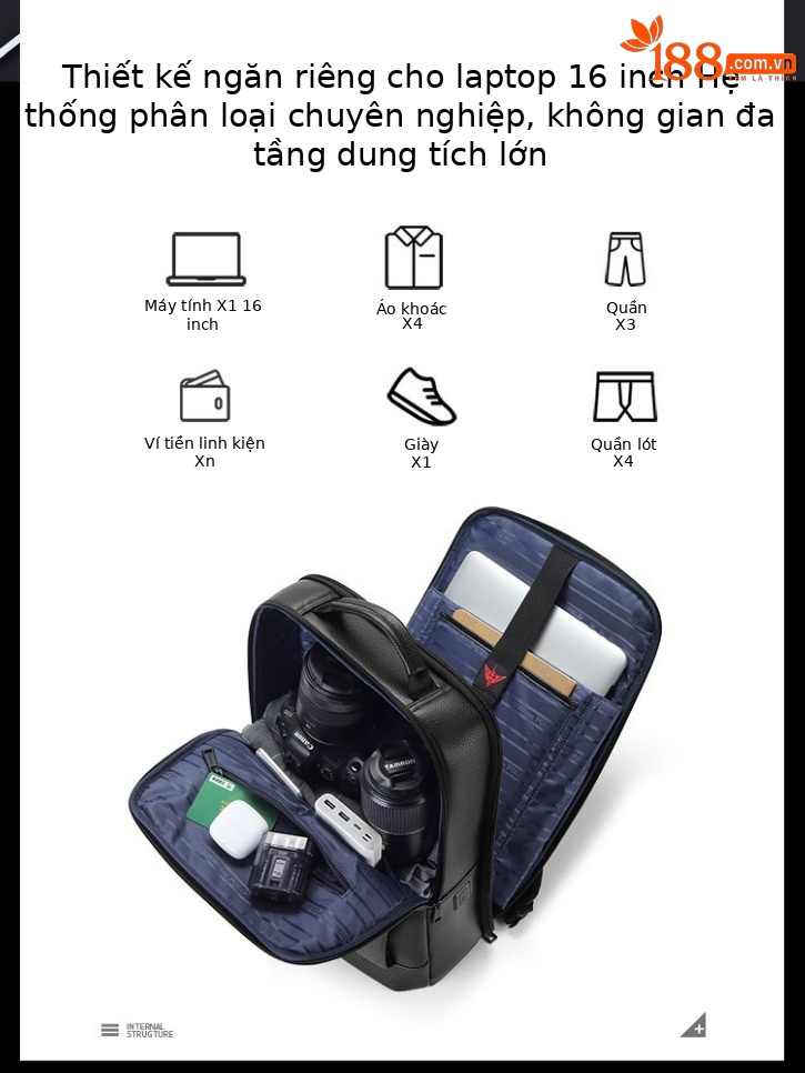 Ba lô da thật nam công sở Emperor Paul chứa laptop 16 inch sức chứa lớn — Màu đen