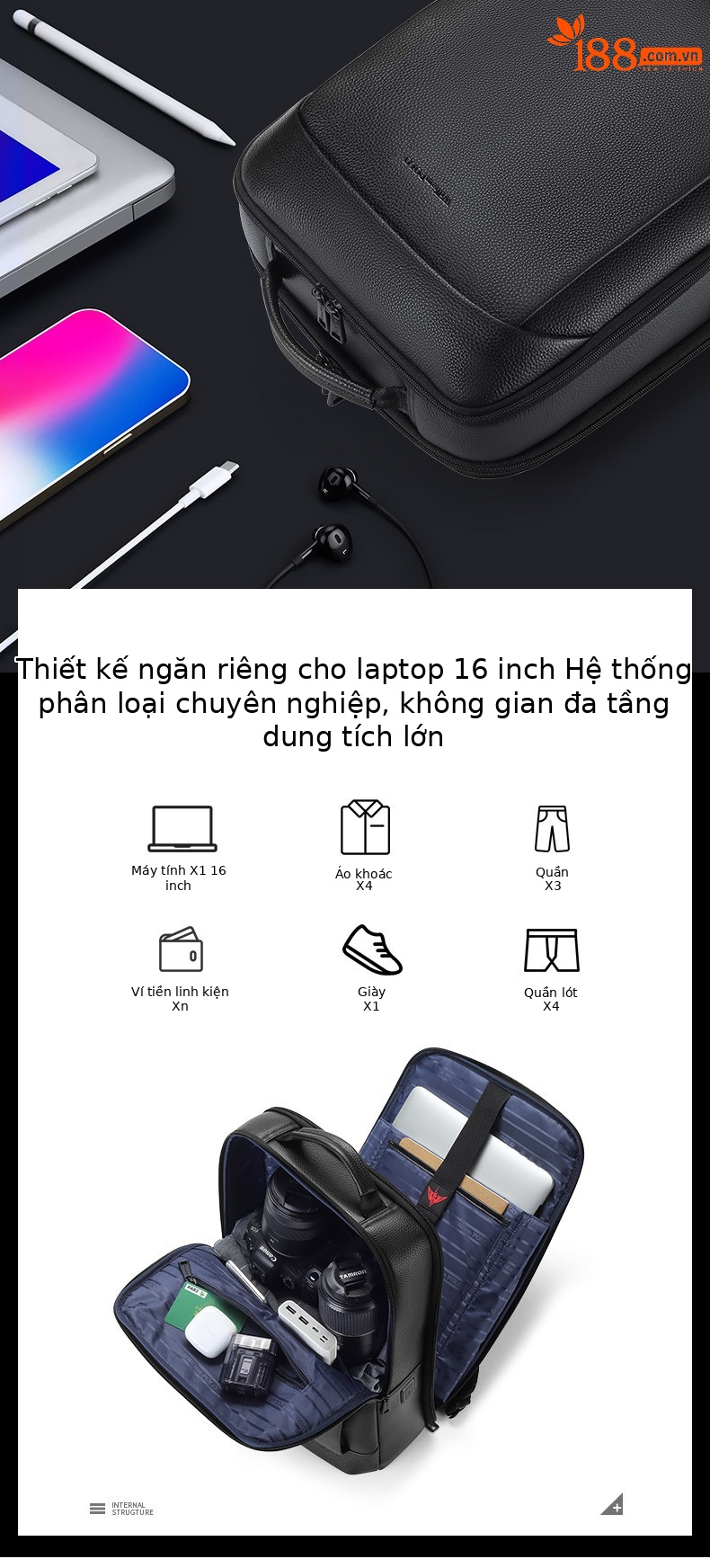 Ba lô da thật nam công sở Emperor Paul chứa laptop 16 inch sức chứa lớn — Màu đen chi tiết 6
