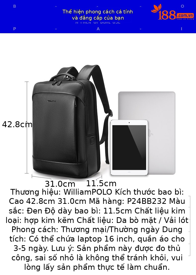 Ba lô da thật nam công sở Emperor Paul chứa laptop 16 inch sức chứa lớn — Màu đen chi tiết 9