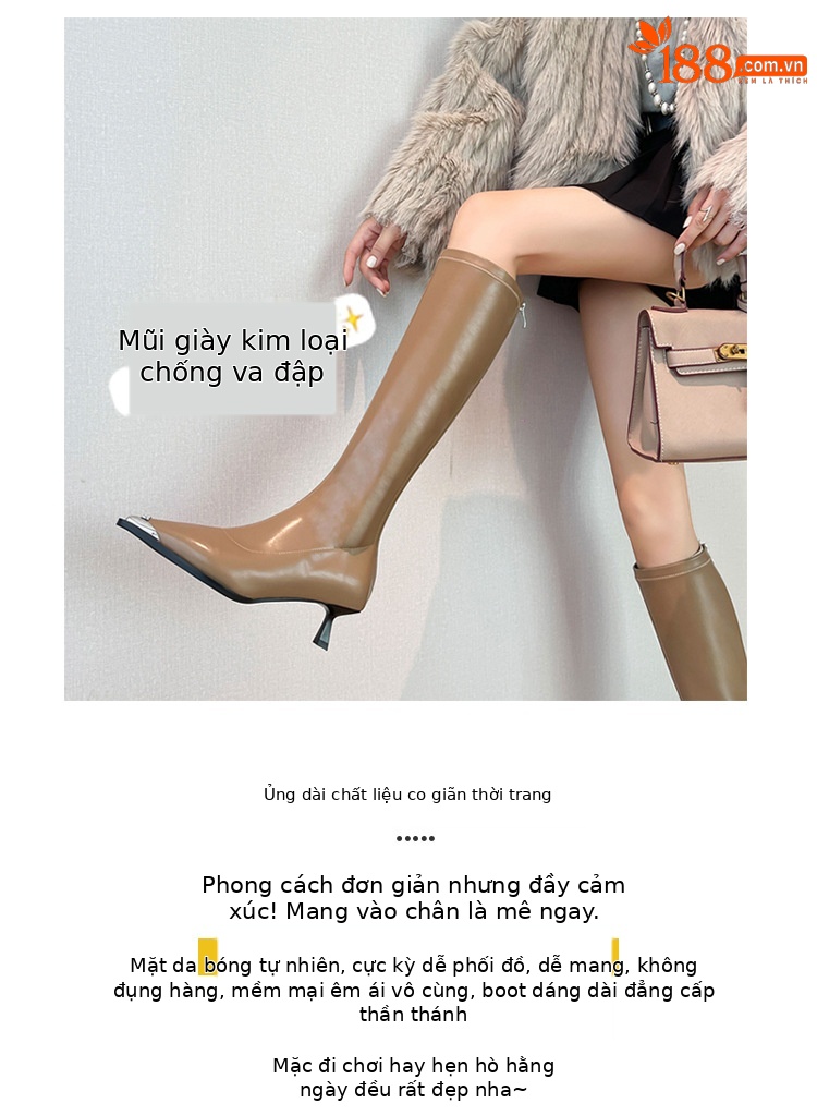 Bốt nữ cổ cao mũi nhọn kim loại co giãn, phong cách kỵ sĩ cao gót thon gọn — Màu kaki lót nhung chi tiết 1
