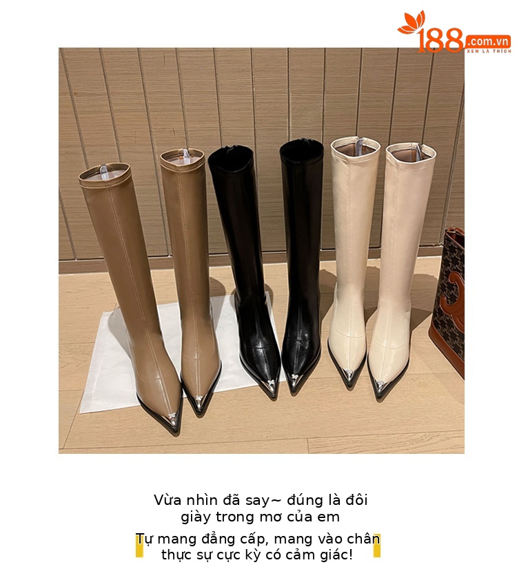 Bốt nữ cổ cao mũi nhọn kim loại co giãn, phong cách kỵ sĩ cao gót thon gọn — Màu kaki lót nhung chi tiết 2
